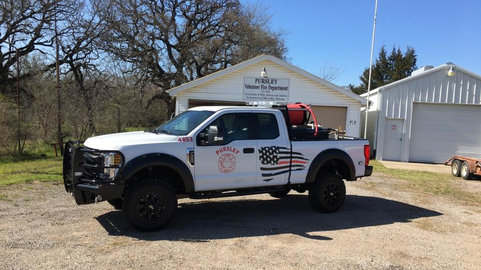 Pursley, TX, Volunteer Fire Department's new brush apparatus comes with a 200 gallon water tank, a 20 gallon foam tank, a back-up camera and front and back bumper spray nozzles.