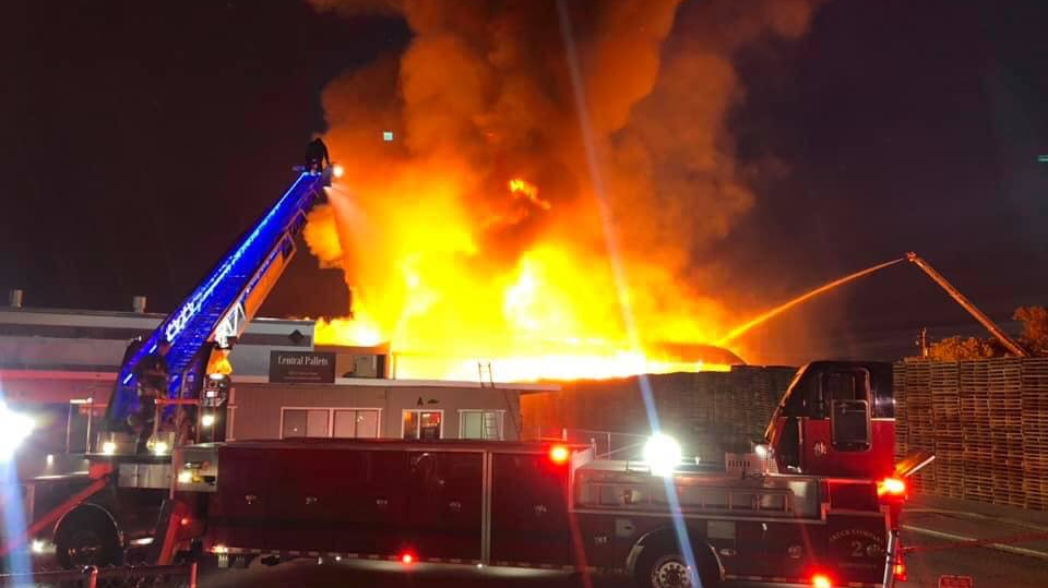 Stockton firefighters battled a five-alarm blaze at a lumberyard early Tuesday, only three weeks after tackling a massive blaze at another industrial lumberyard in the city.