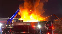Stockton firefighters battled a five-alarm blaze at a lumberyard early Tuesday, only three weeks after tackling a massive blaze at another industrial lumberyard in the city.