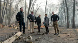 Then-CA-Gov.-elect Gavin Newson (from left), FEMA Director Brock Long, President Donald Trump, Paradise Mayor Jody Jones and Gov. Jerry Brown tour the Skyway Villa Mobile Home and RV Park in Paradise, CA in November 2018.