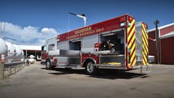 This hazmat unit, delivered to Vaughan, Ontario, Canada, features a 1,000 pound-rated deep transverse slide, built exclusively to house two 450-pound decontamination tents. A rooftop crane, rated for 1,000 pounds, helps lift the tents.