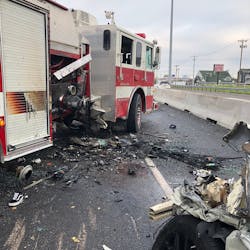A 'blocker' apparatus protected several Irving, TX, firefighters and police officers when a car crashed through a previous accident scene in March. A 'blocker' apparatus protected several Irving, TX, firefighters and police officers when a car crashed through a previous accident scene in March.