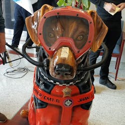 A statue of a service dog clad in diving gear was dedicated to the memory of Chicago firefighter and rescue diver Juan Bucio, who died a year ago.