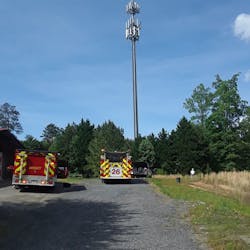 Gwinnett County, GA, firefighters rescued an injured worker who was dangling 100 feet above the ground on a cell tower. Gwinnett County, GA, firefighters rescued an injured worker who was dangling 100 feet above the ground on a cell tower.