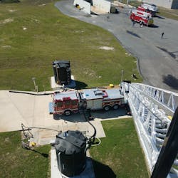A bird's-eye view from the top of the extended ladder of Lincoln City, IL, Fire Department's new aerial apparatus. A bird's-eye view from the top of the extended ladder of Lincoln City, IL, Fire Department's new aerial apparatus.