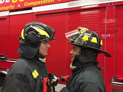 Rosenbauer-titan Pro (left) and traditional helmet. Rosenbauer-titan Pro (left) and traditional helmet.