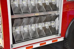 OnScene Solutions has created an air cyclinder management system that consists of interchangeable holder carriers, hand carts, station racks and apparatus mounts. A firefighter can carry four air cylinders with the holder carriers. The hand cart transports eight cylinders.The apparatus mounts safely fix the carriers into an apparatus. The station rack can slide into a pickup truck bed for station-to-station transport. OnScene Solutions has created an air cyclinder management system that consists of interchangeable holder carriers, hand carts, station racks and apparatus mounts. A firefighter can carry four air cylinders with the holder carriers. The hand cart transports eight cylinders.The apparatus mounts safely fix the carriers into an apparatus. The station rack can slide into a pickup truck bed for station-to-station transport.