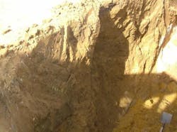 5. This open trench shows the different types of soil in the area. The loose granular sandy soil on the floor of the trench should serve as a warning; the soils are Class C, at best. 5. This open trench shows the different types of soil in the area. The loose granular sandy soil on the floor of the trench should serve as a warning; the soils are Class C, at best.