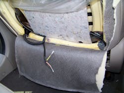 Using wire strippers, the thin wire pair is gently cut apart and each end is stripped to bare wire. These wires may be as thin as 22-gauge and are very delicate. The ends of the household extension cord wire are spliced onto these two bare wires to prepare for deployment. Using wire strippers, the thin wire pair is gently cut apart and each end is stripped to bare wire. These wires may be as thin as 22-gauge and are very delicate. The ends of the household extension cord wire are spliced onto these two bare wires to prepare for deployment.