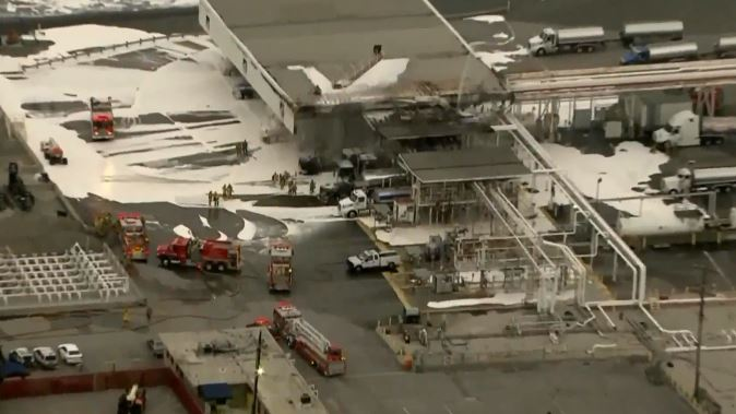 It took about 80 Los Angeles County firefighters less than an hour to put out a fire that ignited early Monday after a truck was either loading or unloading jet fuel at a Carson oil and chemical storage facility.