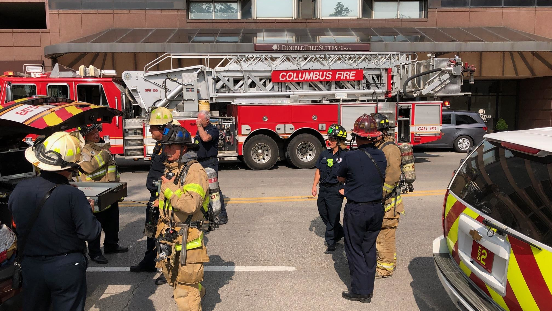 Columbus, OH, firefighters respond to a call of a fire on the roof at the DoubleTree Suites by Hilton Downtown.