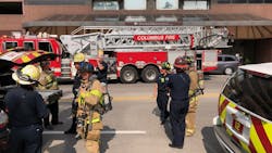 Columbus, OH, firefighters respond to a call of a fire on the roof at the DoubleTree Suites by Hilton Downtown.
