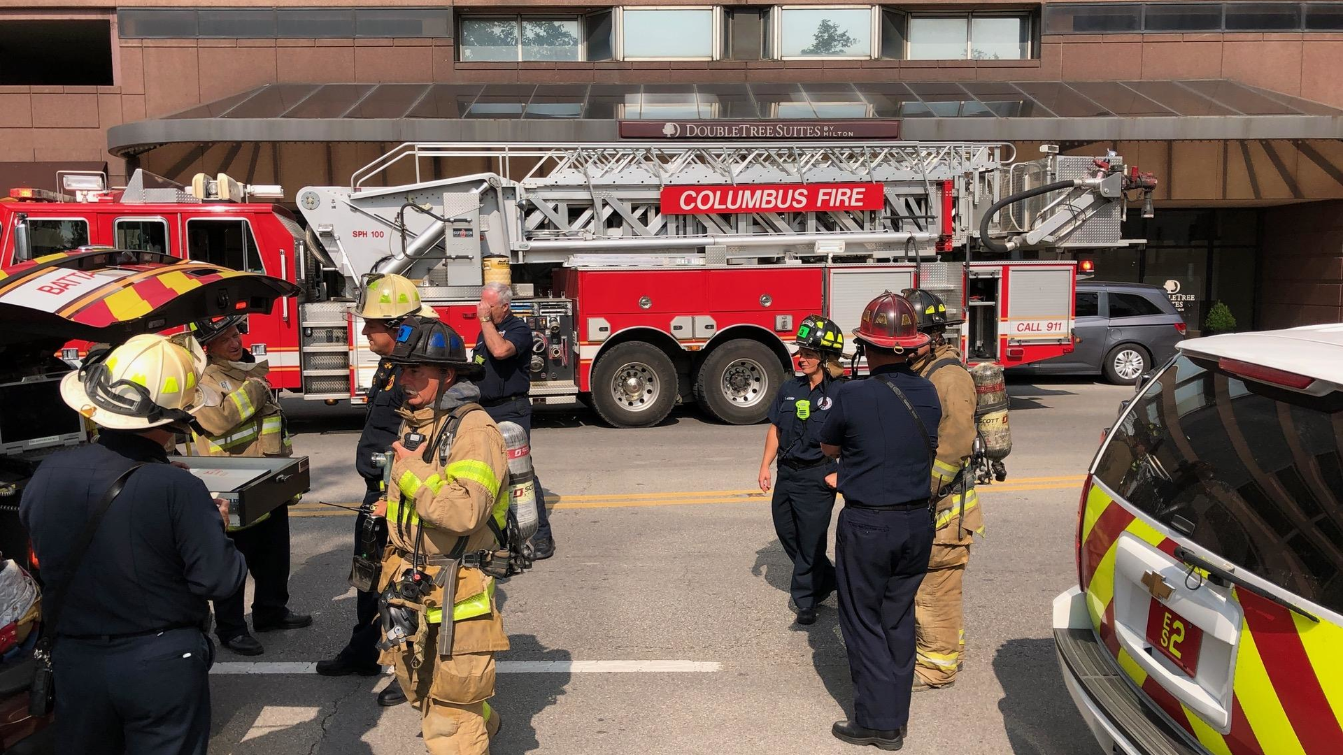 Columbus, OH, firefighters respond to a call of a fire on the roof at the DoubleTree Suites by Hilton Downtown.