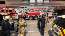 Columbus, OH, firefighters respond to a call of a fire on the roof at the DoubleTree Suites by Hilton Downtown.