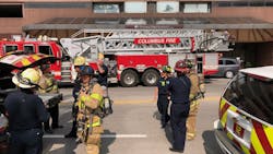Columbus, OH, firefighters respond to a call of a fire on the roof at the DoubleTree Suites by Hilton Downtown. Columbus, OH, firefighters respond to a call of a fire on the roof at the DoubleTree Suites by Hilton Downtown.