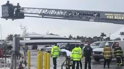 Broward County, FL, Sheriff Fire Rescue firefighters needed to use an aerial to rescue an injured worker Monday from the upper deck of a 100-foot yacht docked in Dania Beach.