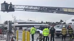 Broward County, FL, Sheriff Fire Rescue firefighters needed to use an aerial to rescue an injured worker Monday from the upper deck of a 100-foot yacht docked in Dania Beach.