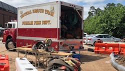 Durham, NC, firefighters rescued a construction worker whose legs were trapped by a collapsing trench at North Carolina Central University on Tuesday morning. Durham, NC, firefighters rescued a construction worker whose legs were trapped by a collapsing trench at North Carolina Central University on Tuesday morning.