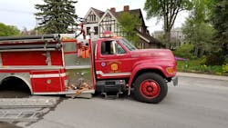 An Ogdensburg, NY, fire apparatus lost its rear axle while responding to the scene of a meth lab last week.