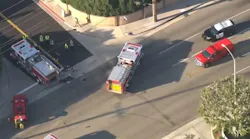 Three Orange, CA, firefighters were injured in a collision between a fire apparatus and a motorcycle that killed the motorcyclist Wednesday.
