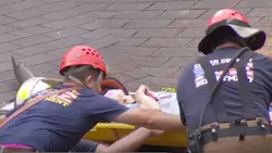Firefighters from several departments rescued a 90-year-old Stanton, KY, woman Monday after a mudslide knocked her house off its foundation. Firefighters from several departments rescued a 90-year-old Stanton, KY, woman Monday after a mudslide knocked her house off its foundation.