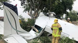 Three men escaped a small-engine plane crash Saturday in Upland, CA, with only minor injuries. Three men escaped a small-engine plane crash Saturday in Upland, CA, with only minor injuries.