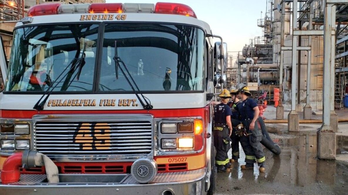 Philadelphia crews remain on scene after an explosion and fire at an oil refinery on Friday, June 21, 2019.