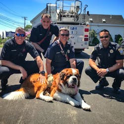 South Portland, ME, firefighters pose with 155-pound St. Bernard, Bear, who was rescued from a second-story roof Wednesday.