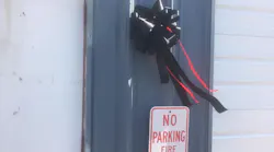 A donated black ribbon hangs at the Mathiston, MS, Volunteer Fire Department following the death of acting Fire Capt. Todd Lathrip on Thursday.