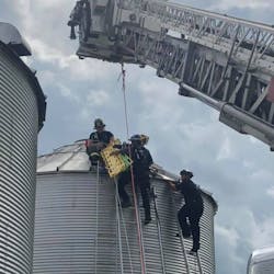 Firefighters used ropes to rescue a farmer from suffocating in a grain silo in Butler County, OH, on Thursday, May 30, 2019.