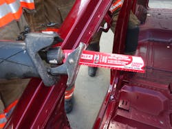 When utilizing a reciprocating saw to cut through an ultra-high-strength steel structural component such as a roof rail or B-pillar, remember to reduce the stroke-per-minute speed to a medium setting to be most effective.