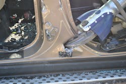 In order to get this B-pillar to come completely off the vehicle, additional cuts will have to be made to completely cut through the base of the pillar, especially when ultra-high-strength steels such as Boron are present. In order to get this B-pillar to come completely off the vehicle, additional cuts will have to be made to completely cut through the base of the pillar, especially when ultra-high-strength steels such as Boron are present.