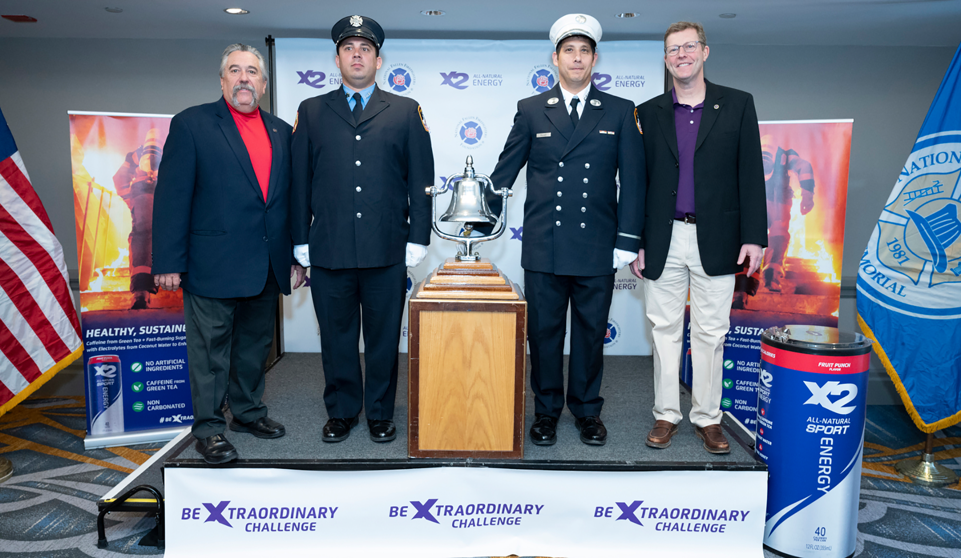 Pictured (from left): Chief Ronald J. Siarnicki, executive director of the National Fallen Firefighters Foundation, two members of the FDNY Ceremonial Unit, and Jon London, chief marketing officer, X2 All-Natural Energy Drink.