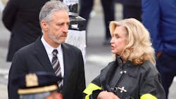 Former &apos;Daily Show&apos; host and 9/11 advocate John Stewart and U.S. Rep. Carolyn Maloney attend the funeral of Ground Zero first responder Det. Luis Alvarez on July 3 in New York City.