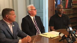 Tampa Fire Rescue firefighter Dwanue Johnson (right) talks Tuesday about his legal efforts to be reinstated as a lieutenant in the department. Joe Greco (left), president of Tampa Firefighters, Local 754, and Robert F. McKee, a lawyer representing the union in the case, attended the press conference with Johnson. USA Tampa Fire Rescue firefighter Dwanue Johnson (right) talks Tuesday about his legal efforts to be reinstated as a lieutenant in the department. Joe Greco (left), president of Tampa Firefighters, Local 754, and Robert F. McKee, a lawyer representing the union in the case, attended the press conference with Johnson. USA