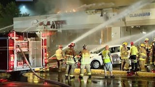 Several firefighters were injured in a gas explosion that leveled a Penn Hills, PA, shopping center Monday.