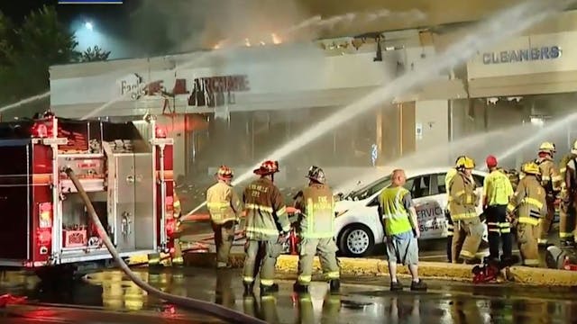 Several firefighters were injured in a gas explosion that leveled a Penn Hills, PA, shopping center Monday.