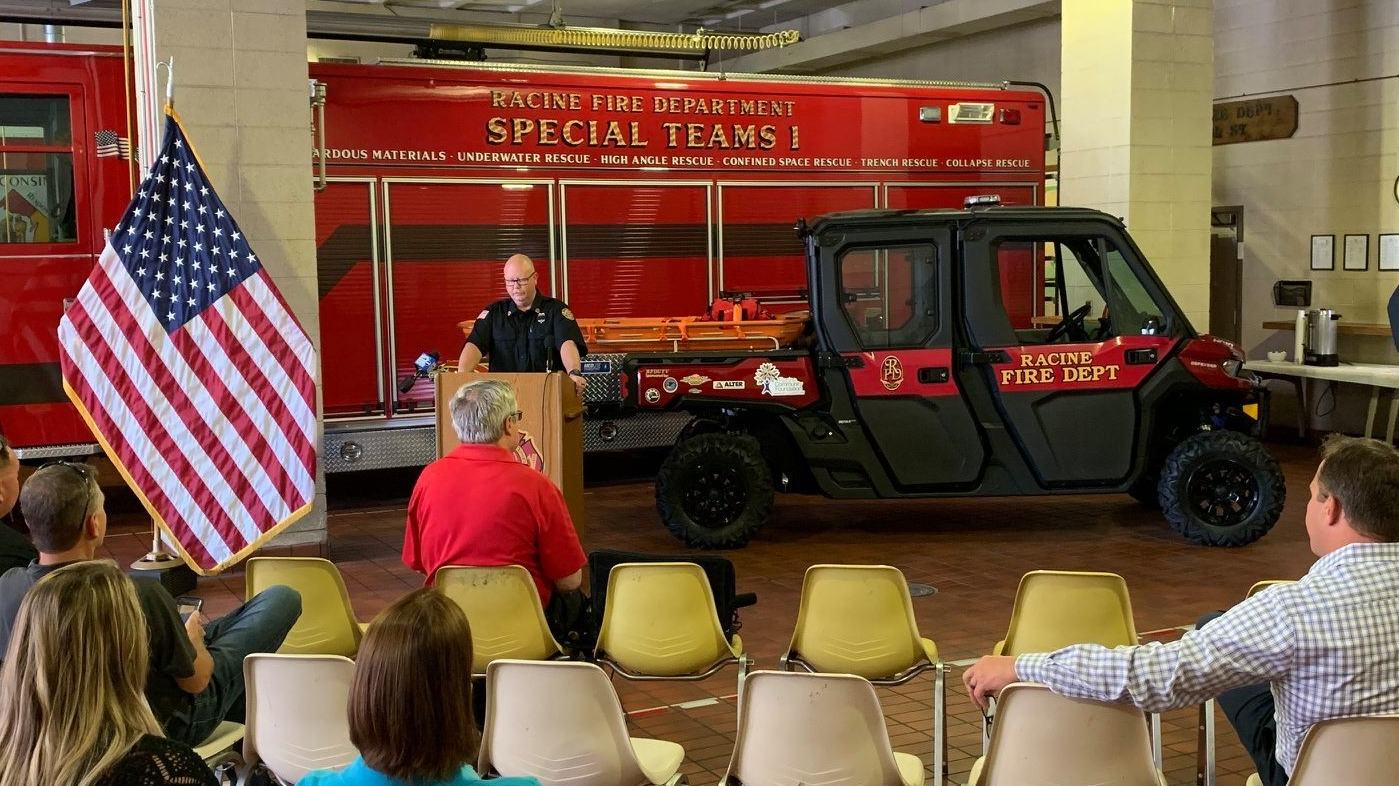 The Racine, WI, Fire Department unveils its new utility terrain vehicle.