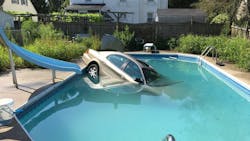 Springfield, MA, firefighters rescued a 91-year-old driver from a swimming pool Sunday morning after she lost control of her car while backing up. Springfield, MA, firefighters rescued a 91-year-old driver from a swimming pool Sunday morning after she lost control of her car while backing up.