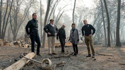 Then-CA-Gov.-elect Gavin Newson (from left), FEMA Director Brock Long, President Donald Trump, Paradise Mayor Jody Jones and Gov. Jerry Brown tour the Skyway Villa Mobile Home and RV Park in Paradise, CA in November 2018.