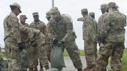 Army National Guard soldiers fill sandbags as they prepare for Tropical Storm Barry to make landfall in New Orleans on July 12, 2019. Army National Guard soldiers fill sandbags as they prepare for Tropical Storm Barry to make landfall in New Orleans on July 12, 2019.