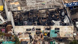 An aerial view of the Ghost Ship warehouse in Oakland, CA, three days after 36 people died during a fire on Dec. 2, 2016.
