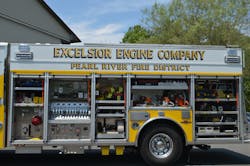 This rescue/engine operated by the Pearl River, NY, Fire Department made good use of enclosed compartment space for attack lines, gas-powered saws and hydraulic rescue tools.