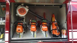 This equipment layout was conducted after delivery to maximize the space for mounting of four saws, a leaf blower and spare fuel.
