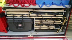 This compartment was designed with a shelf and module to accommodate a set of air bags mated with plywood, controllers and shoring material to use all available space. This compartment was designed with a shelf and module to accommodate a set of air bags mated with plywood, controllers and shoring material to use all available space.