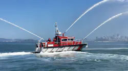 Southern Marin Fire District’s new fire boat, Liberty, sprays water in San Francisco Bay near Sausalito.