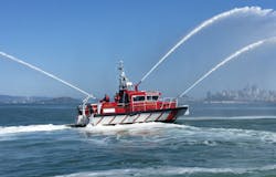 Southern Marin Fire District&rsquo;s new fire boat, Liberty, sprays water in San Francisco Bay near Sausalito.