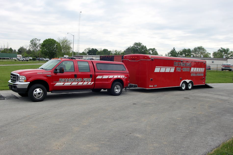 The Richmond hazmat response vehicle is a 2004 Ford F-350, Crew Cab, DRW, with bed cap and 24&rsquo; Haulmark ramp door, enclosed trailer.