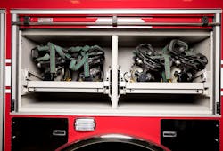 Roll-out shelves for gear and SCBAs makes it convenient for firefighters to leave contaminated items out of cabs Roll-out shelves for gear and SCBAs makes it convenient for firefighters to leave contaminated items out of cabs