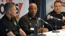 DOWNEY, CA - DRONERESPONDERS Advisors Chief Harold Schapelhouman, Menlo Park Fire District and Battalion Chief Richard Fields, Los Angeles Fire Department join Captain Vern Salle, Chula Vista Police Department at the 2019 UAS DRONES Disaster Conference in Los Angeles to speak about the growing use of drones by public safety agencies.